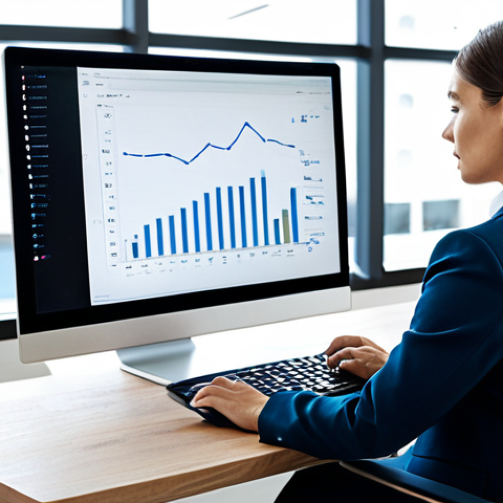 A professional female tax accountant, in a modest business suit, seated at a modern ergonomic desk. She is focused on her screen, which displays abstract, encrypted data visualizations, conveying a sense of diligent work and data security in a sleek, contemporary office bathed in soft, natural light. safe for work, appropriate content, fully clothed, professional, perfect anatomy, correct proportions, natural pose, well-formed hands, proper finger count, natural body proportions, professional photography, high quality.