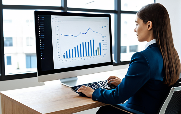 A professional female tax accountant, in a modest business suit, seated at a modern ergonomic desk. She is focused on her screen, which displays abstract, encrypted data visualizations, conveying a sense of diligent work and data security in a sleek, contemporary office bathed in soft, natural light. safe for work, appropriate content, fully clothed, professional, perfect anatomy, correct proportions, natural pose, well-formed hands, proper finger count, natural body proportions, professional photography, high quality.