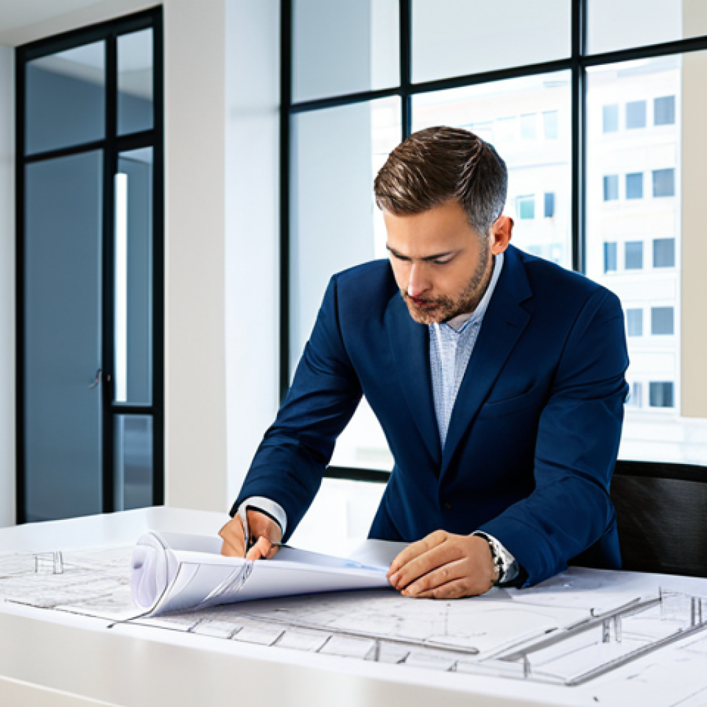 세무사와 법인 등록 절차 - A professional architect, fully clothed in a modest business casual outfit, reviewing blueprints in ...