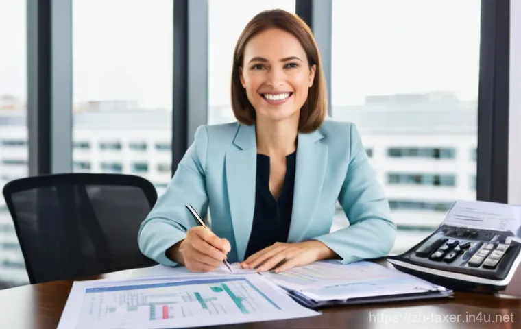 세무사와 법적 규제 이해 - **Prompt 1: "The Expert Navigator"**
A highly professional and reassuring female tax advisor, in...