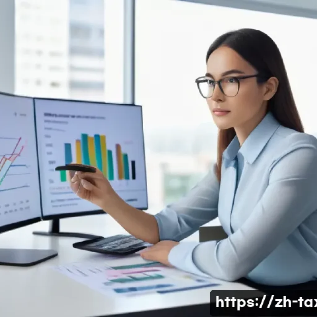 세무사 시험 준비 전략 - A focused female tax professional, approximately 30 years old, dressed in a sharp, professional blou...