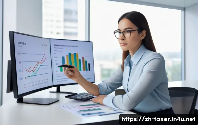 세무사 시험 준비 전략 - A focused female tax professional, approximately 30 years old, dressed in a sharp, professional blou...