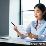 세무사 업무사례 공유 - **Prompt:** A well-dressed, professional Asian woman in her late 20s to early 30s, sitting at a mode...