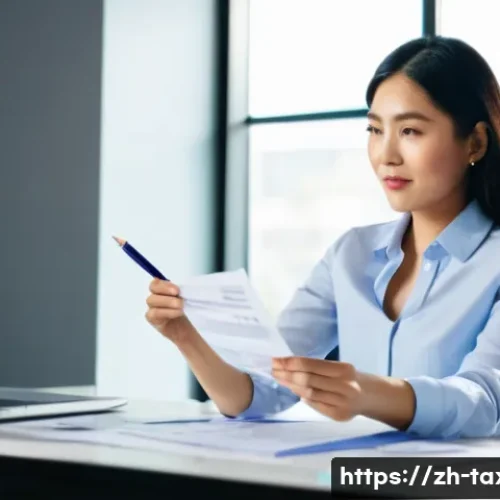 세무사 업무사례 공유 - **Prompt:** A well-dressed, professional Asian woman in her late 20s to early 30s, sitting at a mode...