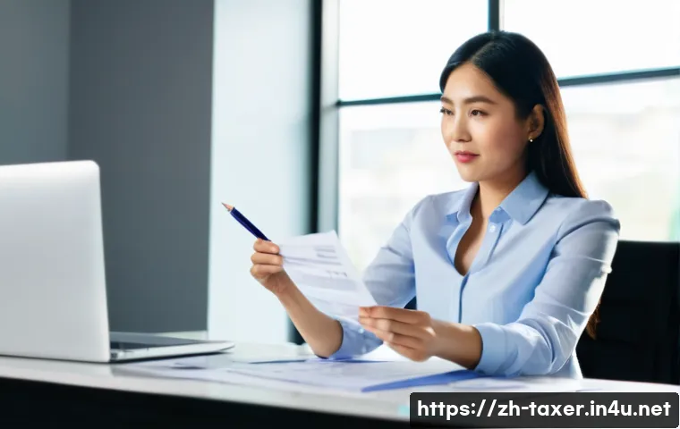 세무사 업무사례 공유 - **Prompt:** A well-dressed, professional Asian woman in her late 20s to early 30s, sitting at a mode...