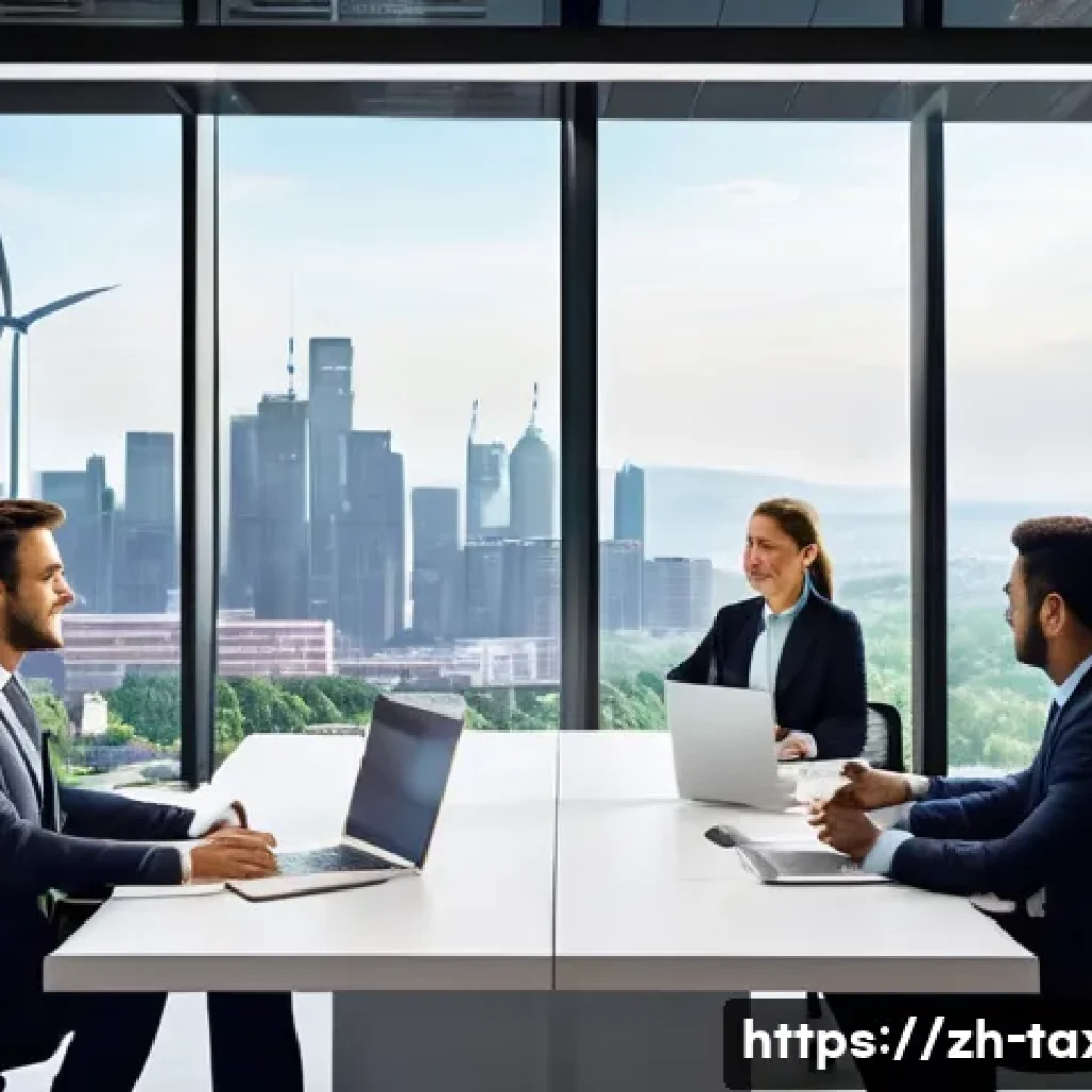 세무사와 ESG 세금 정책 - A modern corporate office setting with diverse professionals discussing green tax incentives, featur...