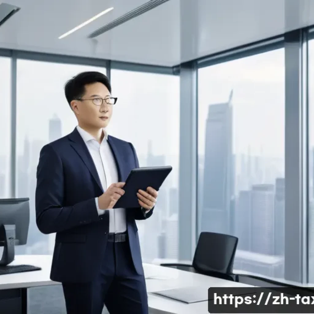 세무사 자격증을 통한 경력 전환 - A modern office scene showing a confident Chinese professional tax advisor in business attire, stand...