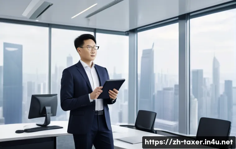 세무사 자격증을 통한 경력 전환 - A modern office scene showing a confident Chinese professional tax advisor in business attire, stand...