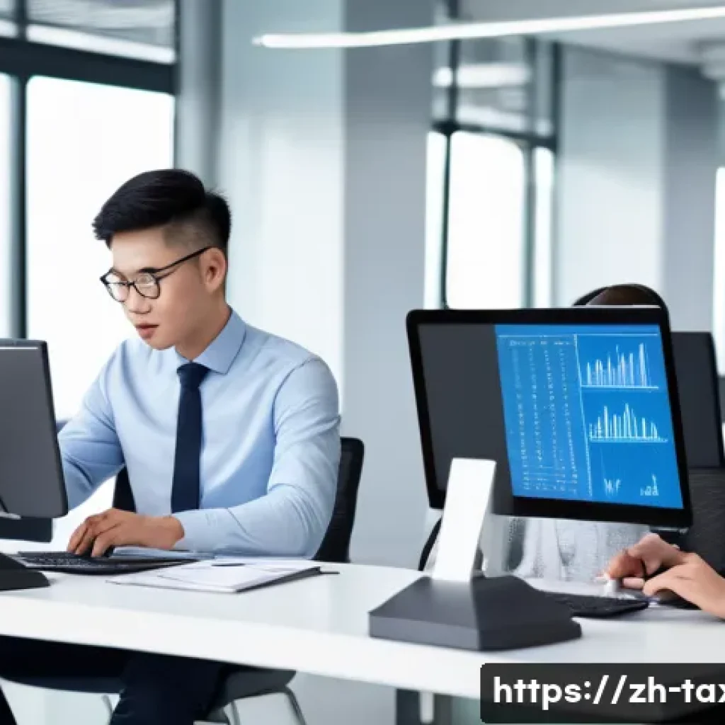 세무사와 전자세금계산서 - A modern Chinese office scene showcasing a professional team diligently working on electronic invoic...