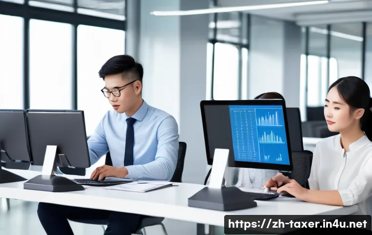 세무사와 전자세금계산서 - A modern Chinese office scene showcasing a professional team diligently working on electronic invoic...