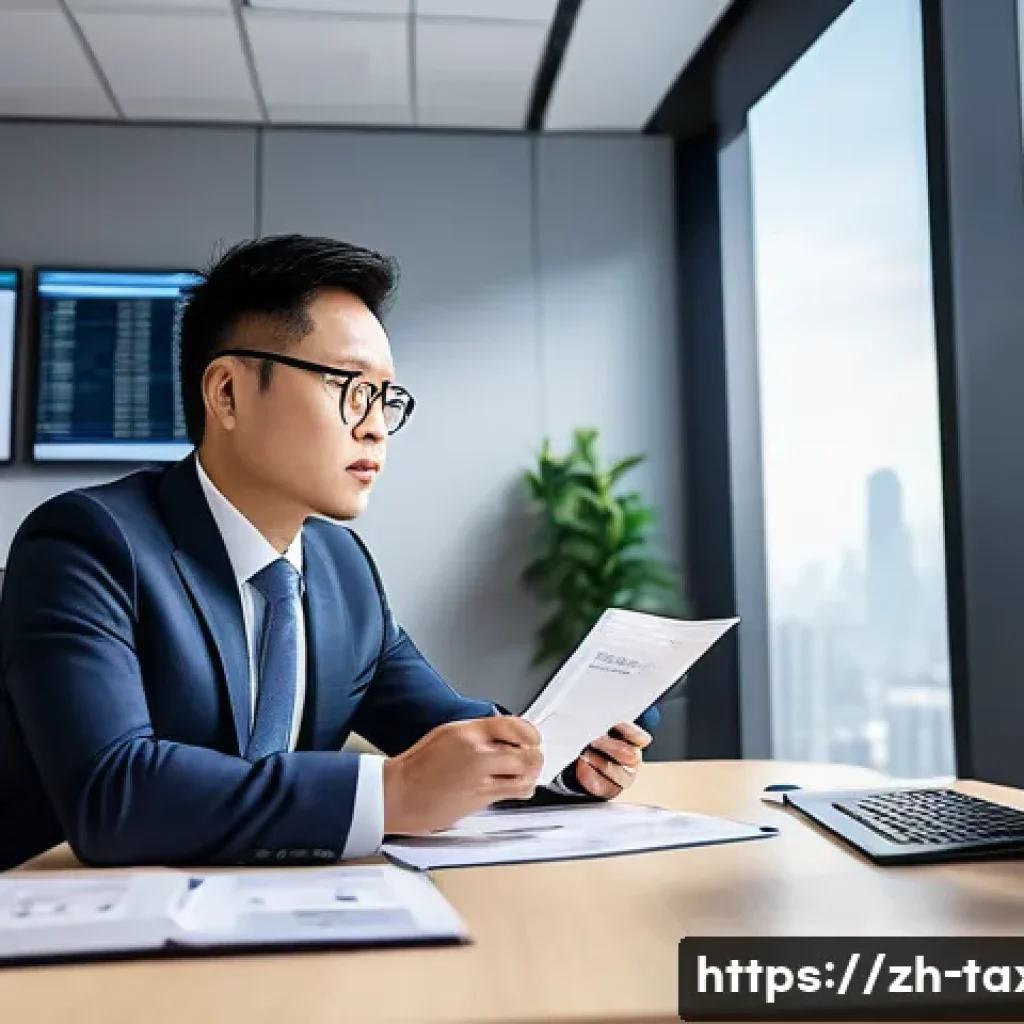 세무사 이직 사례 분석 - A professional Chinese tax advisor in a modern office environment, confidently analyzing complex int...