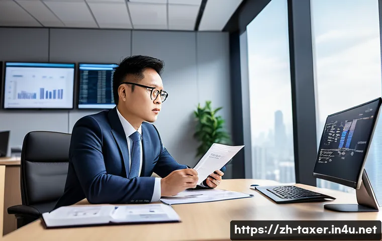세무사 이직 사례 분석 - A professional Chinese tax advisor in a modern office environment, confidently analyzing complex int...