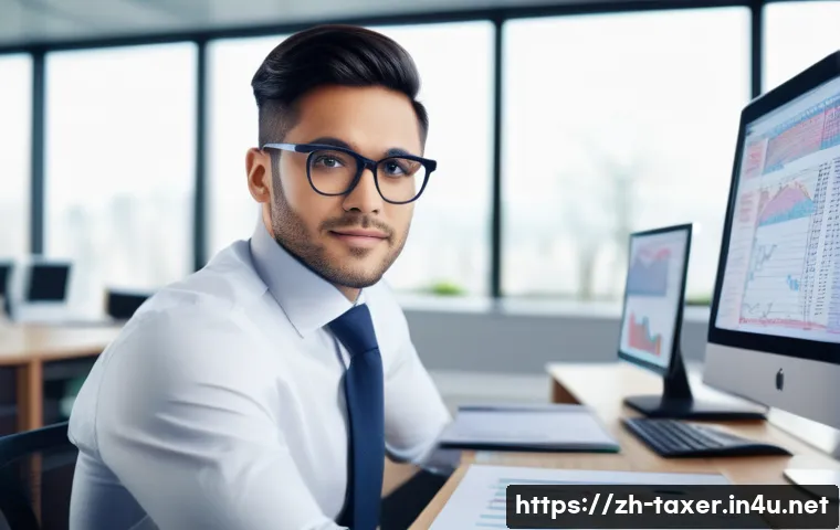 세무사 자격증 취득 후 진로 - A professional young tax advisor in a modern accounting office, wearing business casual attire and g...