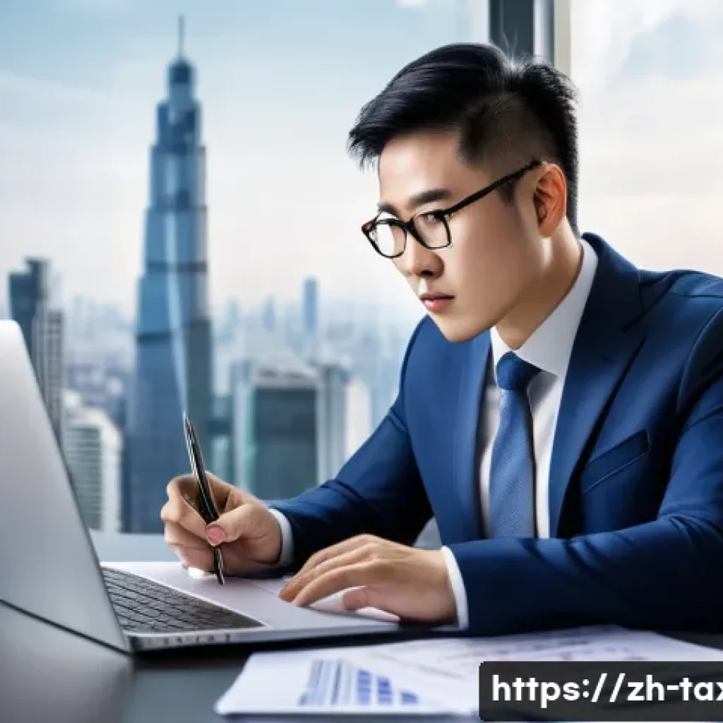 세무사 실무 경험 쌓는 법 - A professional young Chinese tax consultant in a modern office setting, wearing business attire with...