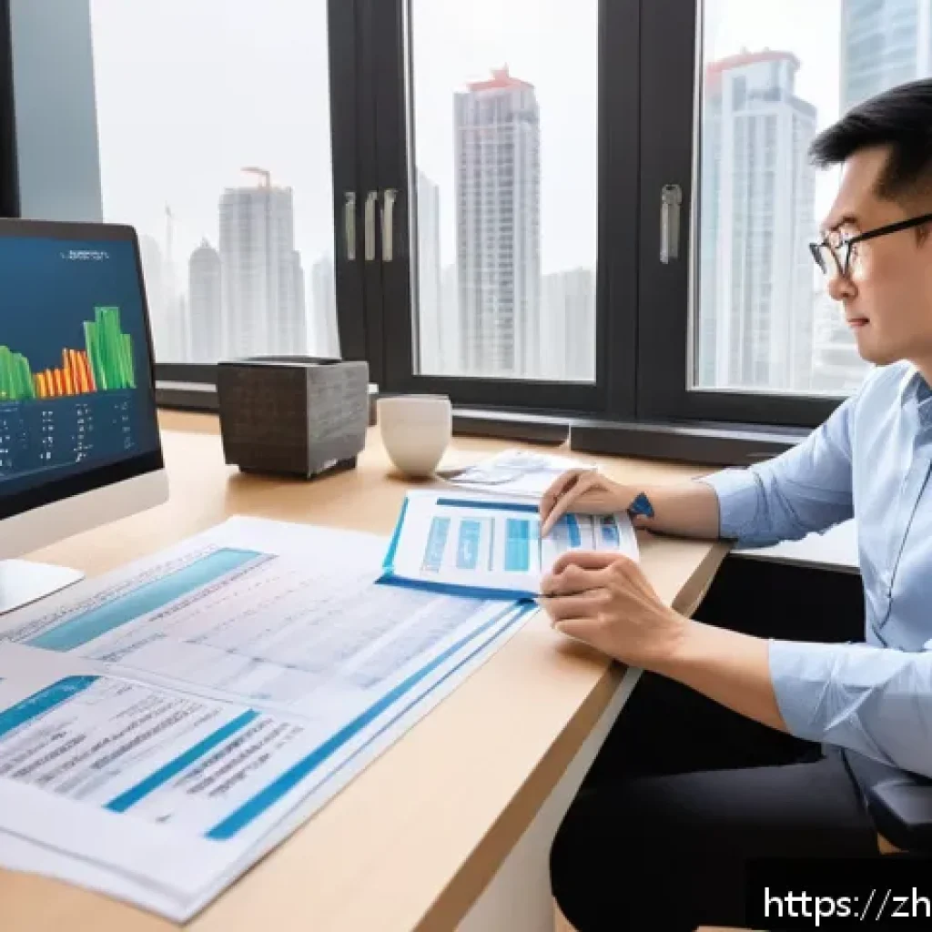 세무사와 임대 소득 세금 신고 - A modern urban landlord sitting at a sleek desk, surrounded by digital devices displaying tax forms ...