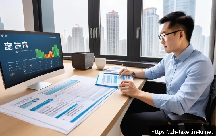 세무사와 임대 소득 세금 신고 - A modern urban landlord sitting at a sleek desk, surrounded by digital devices displaying tax forms ...