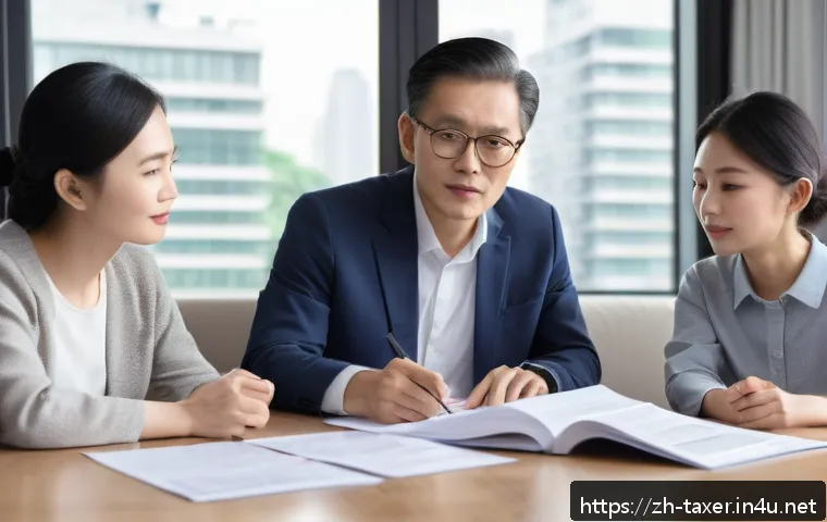 세무사와 상속세 분쟁 해결 - A professional family meeting scene in a modern living room with diverse adult family members of Eas...