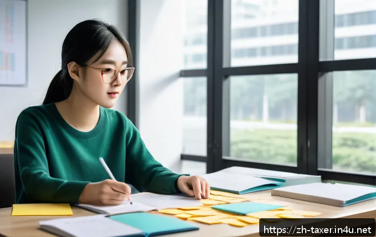 세무사 필수 서적 추천 - A modern study room scene featuring a young Chinese adult focused on tax law textbooks and case stud...