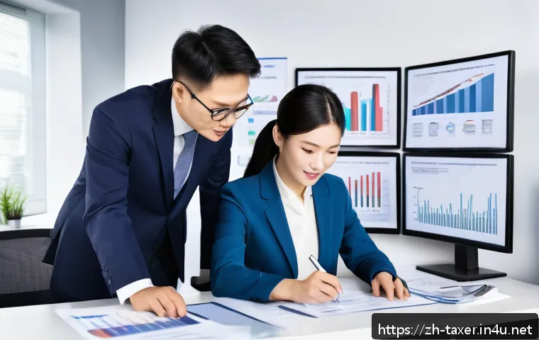 세무사와 세무대리인 업무 - A modern office scene showing a professional tax advisor (tax specialist) and a tax agent working to...