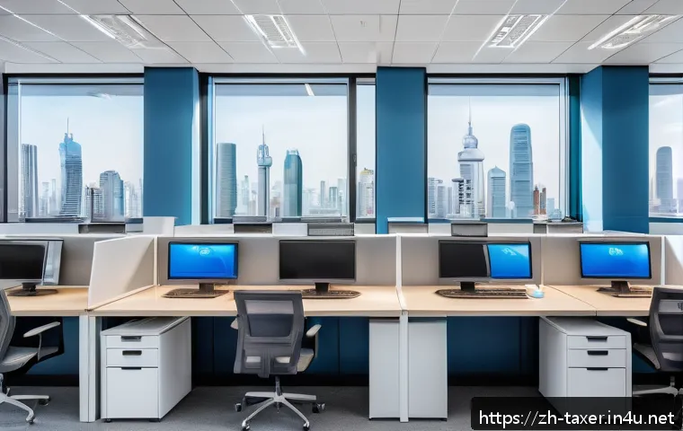 세무사와 IT 기술 적용 사례 - A modern tax office scene showcasing an AI-powered automated data processing