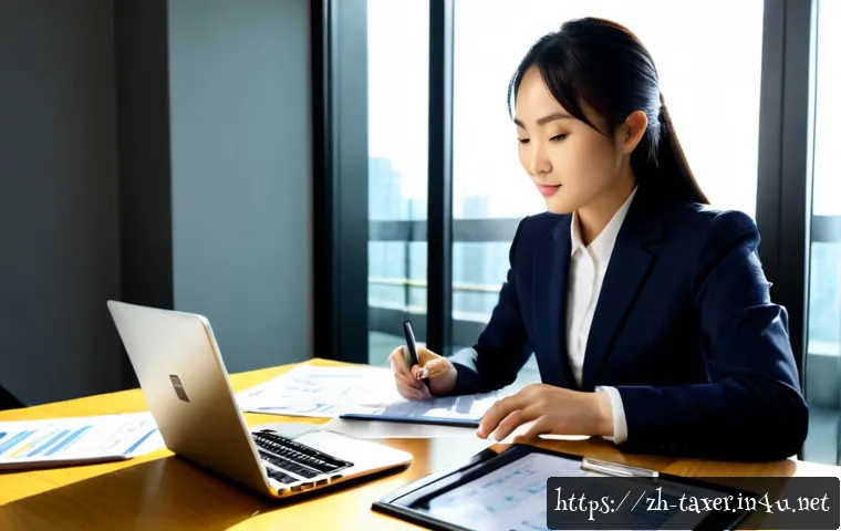 세무사와 스마트 워크 기술 - Photorealistic Chinese tax accountant working in a bright modern office, reviewing financial documen...