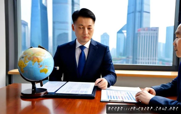 세무사와 국제 조세 협약 활용 - Photorealistic modern tax advisory meeting in a bright Shanghai-style office, experienced Chinese ta...